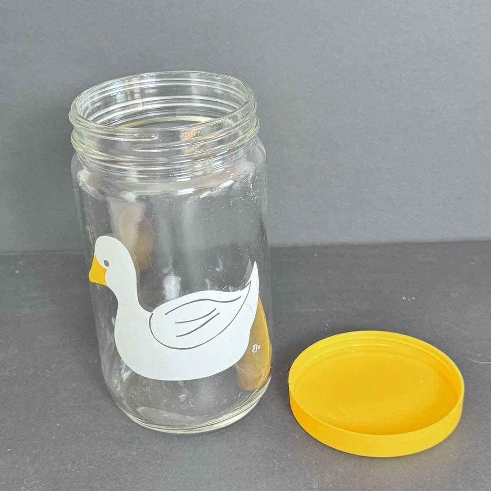 Vintage Clear Glass Jar Canister Duck Theme Print Yellow Lid No‎ Fading No Dmg